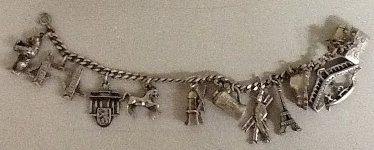 A bracelet with 11 charms dangling off of it.