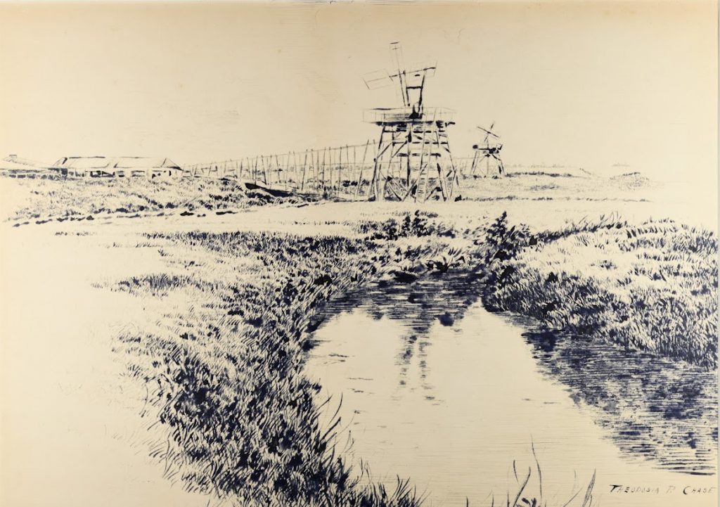 An ink drawing depicting a saltworks by a river.