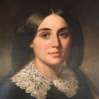 Painting Of Elizabeth Leonard -- Bust Of Young Woman With Dark Hair In An Up-do. She Is Wearing A Dark Dress With A White Lace Collar And A White And Black Fur Off Her Shoulders.