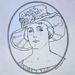 Drawing Of Alice Virginia Bradford Tobey Jones, A Woman With Short Hair Wearing A Pleated/ruffled Top, Earrings, And A Floral Wide-brimmed Hat.