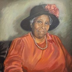 Painting Of Eloise Solomon Pina - An Older Woman Smiling Wearing A Red Dress, Pearls, And A Dark Wide-brimmed Hat With A Red Flower.