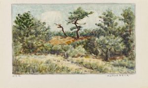 A watercolor painting of Horseneck beach. There are swaths of bushes and trees lining a horizontal path of sand.